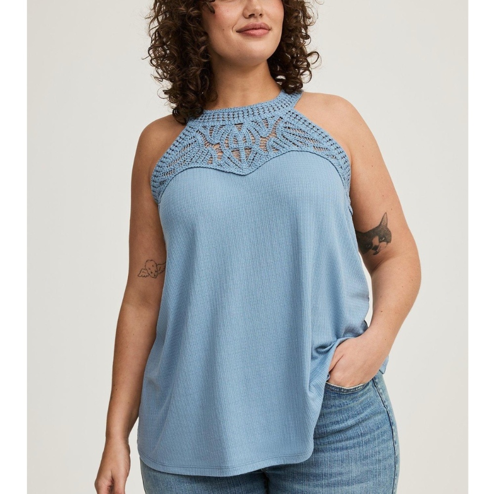 Torrid - Crochet Lace Neck Textured Knit Blue Swing Sleeveless Tank Top - 1X